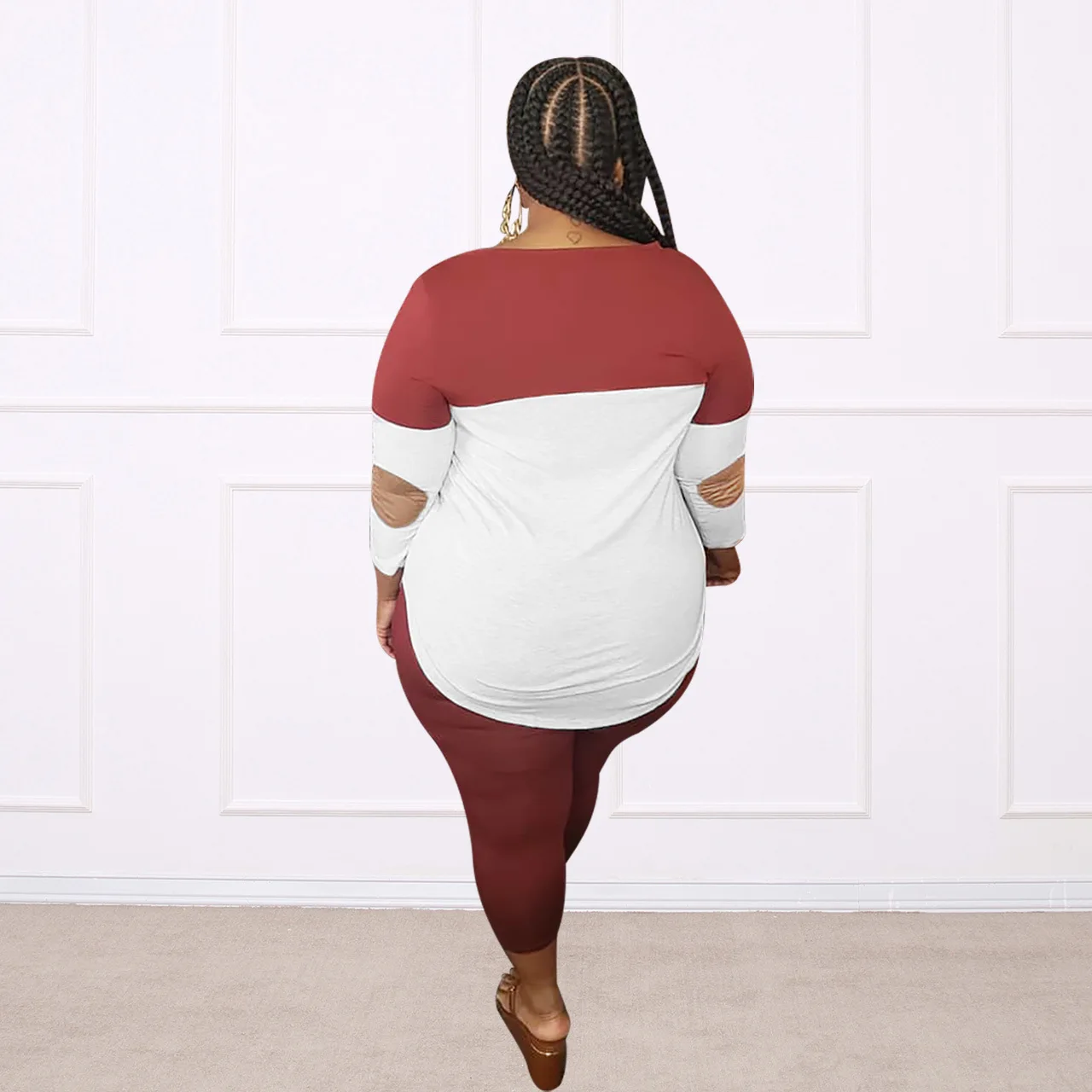 

2 Pcs/set Casual Suit V-Neck Women Multi-Color Patchwork Nine-Quarter Sleeve T-Shirt Leggings Sportswear Running Suit