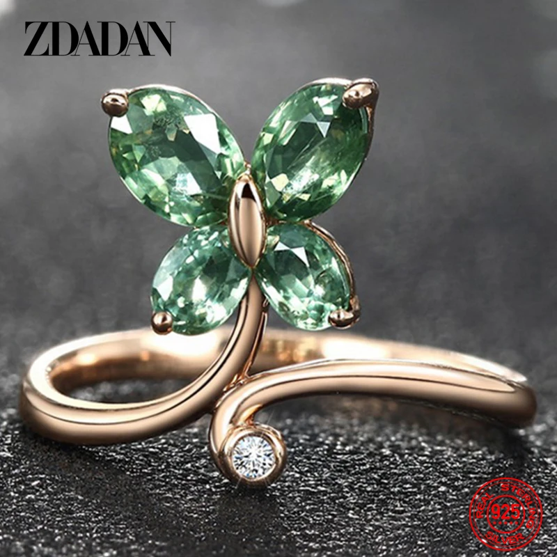 

ZDADAN 925 Sterling Silver Emerald Butterfly Ring For Women Fashion Finger Rings Wedding Party Jewelry Gift