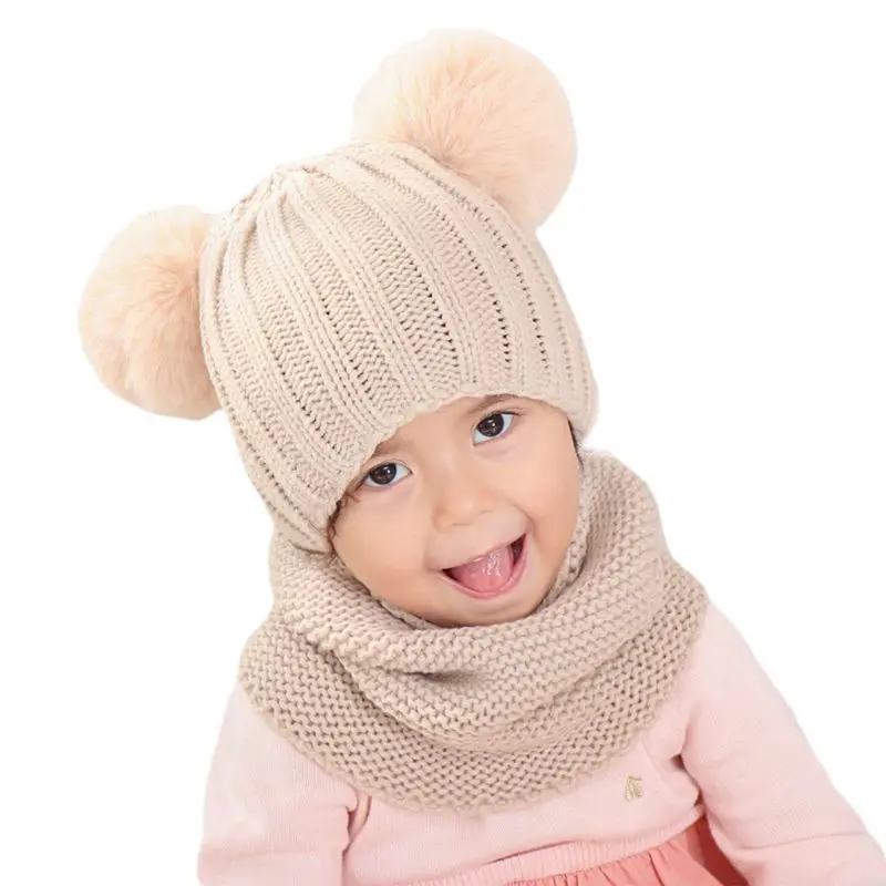 

Infant Baby Kids Winter Cute Pompom Ears Beanie Skull Cap Infinite Scarf Set Soft Warm Crochet Knitted Hat Neck Warmer