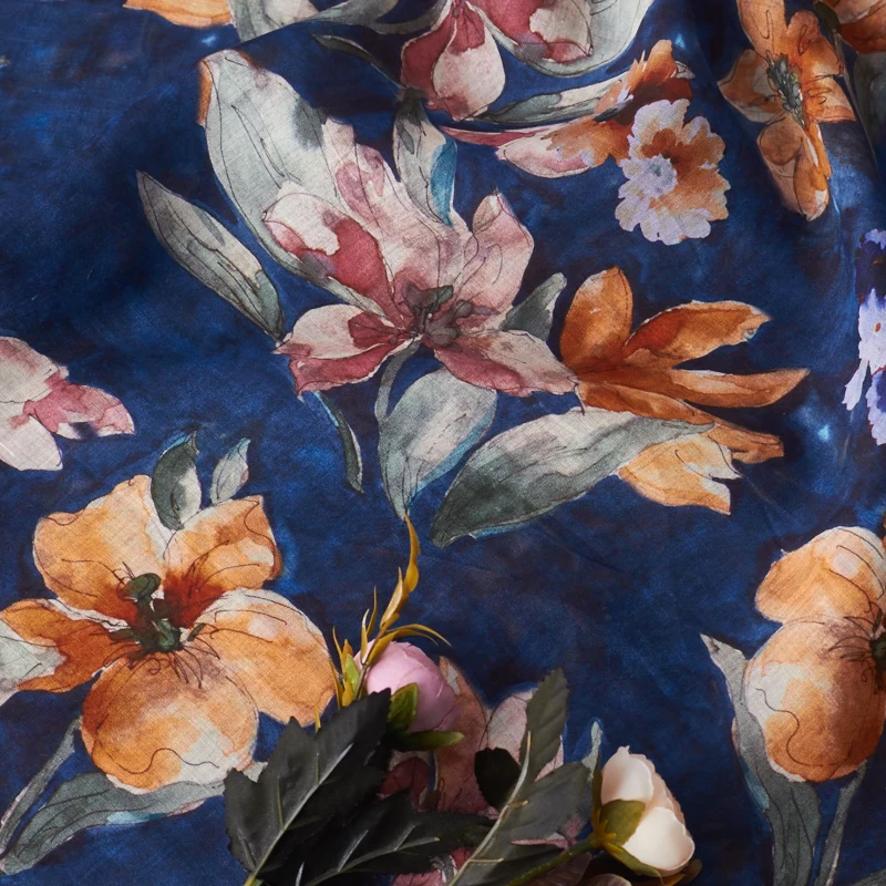 Рами винтажный синий акварельный цветок priting ткань весна/лето юбка платье cheongsam