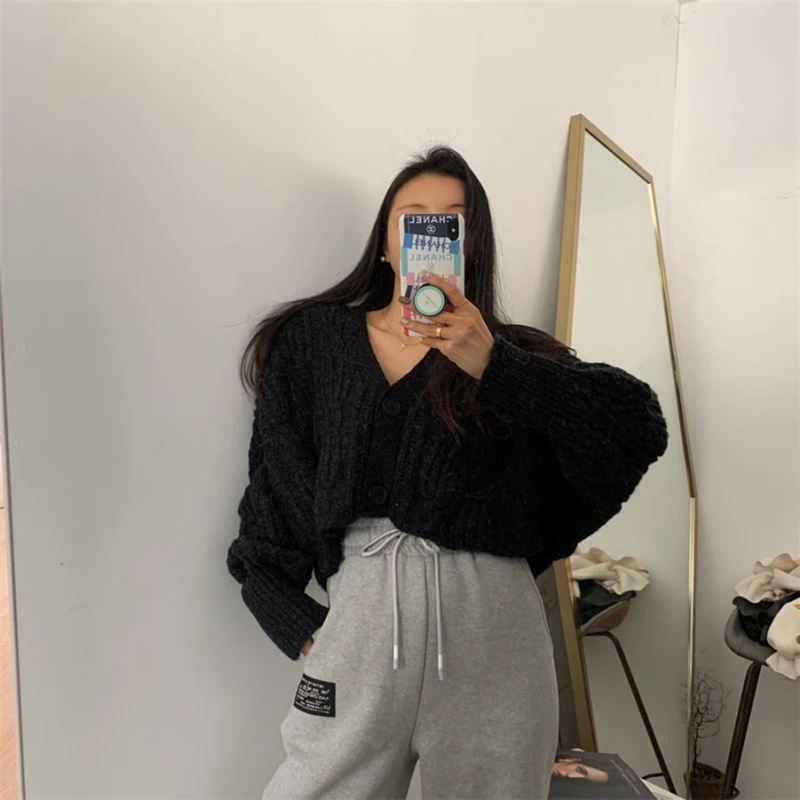 

Женский винтажный кардиган на пуговицах, Короткий трикотажный свитер с V-образным вырезом и рукавом реглан, Осень-зима 2021