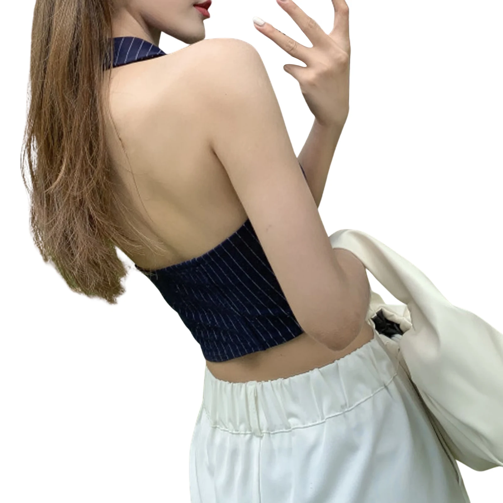 Женский офисный жилет в полоску элегантный укороченный топ с V-образным вырезом