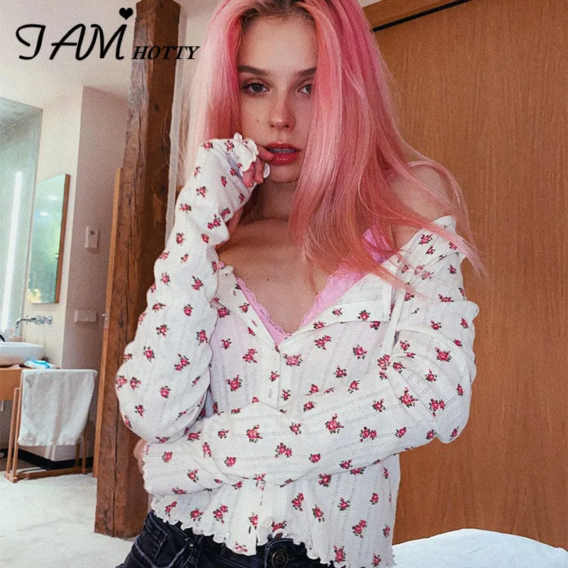 

IAMHOTTY Floral Print Long Sleeve Women's Clothing Vintage Single Button Cute Casual Streetwear T-shirt Female Korean Tees