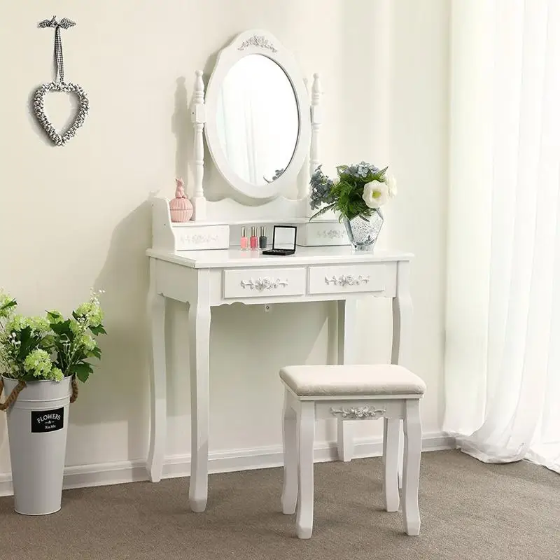 

Wholesale White European Dressing Table With Stool Mirrored Console Desk 4 Drawers Bedroom Dressing Makeup Table Toucadores HWC