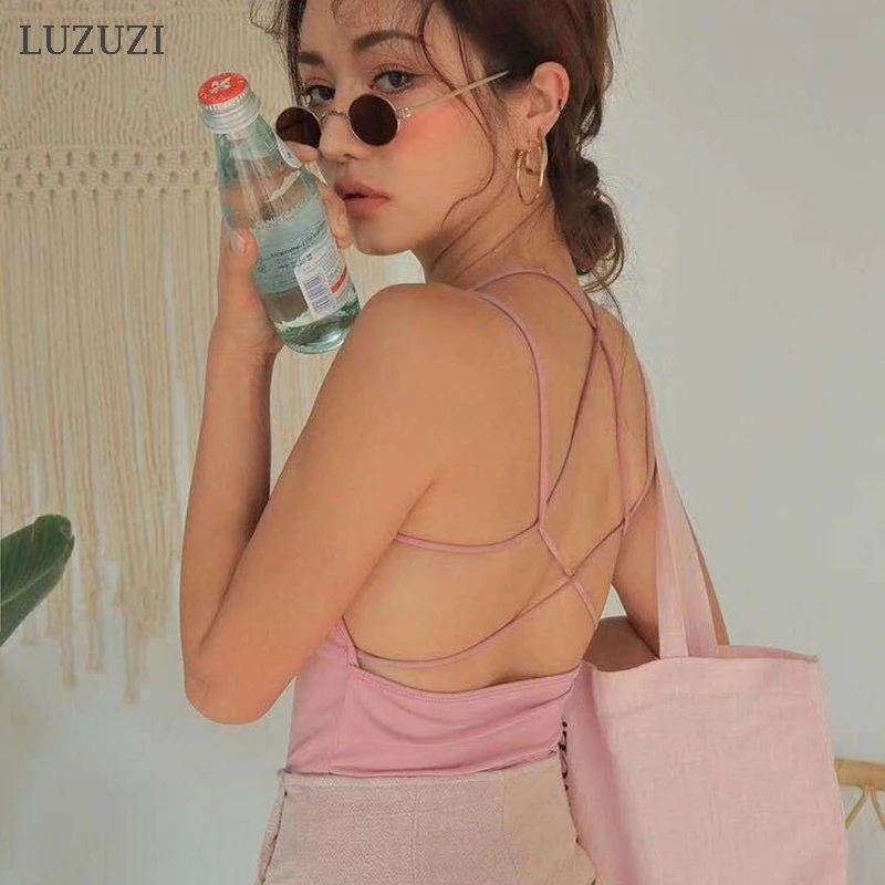 LUZUZI новый хлопковый сексуальный укороченный топ с перекрестной спинкой женский