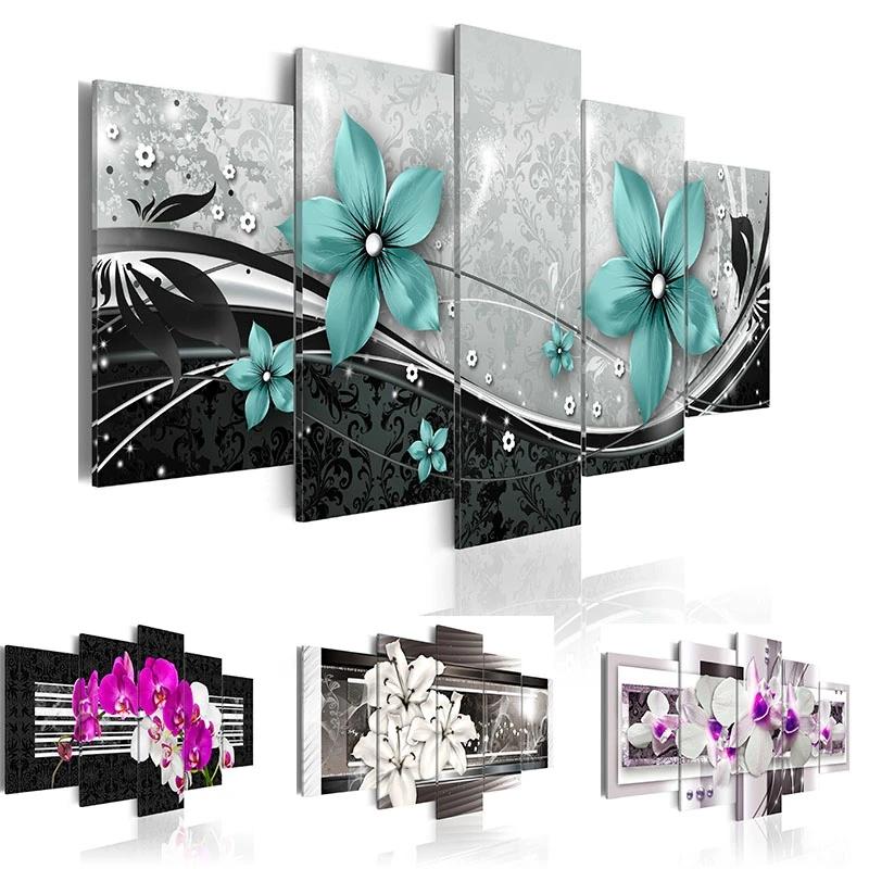 

5 Panels Flowers Art Wall Painting Print on Canvas for Home Decor Modern Art Print Orchid Flower Living Room Decoration Frame