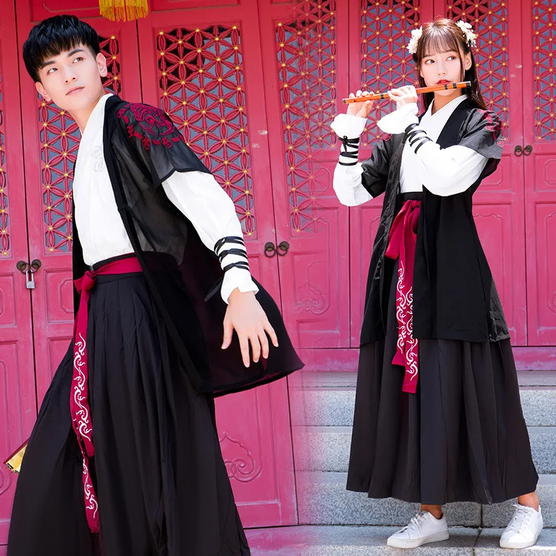 

Free shipping Hanfu women's half arm cross collar long sleeve Ru skirt men's martial arts style couple's suit CP student's suit