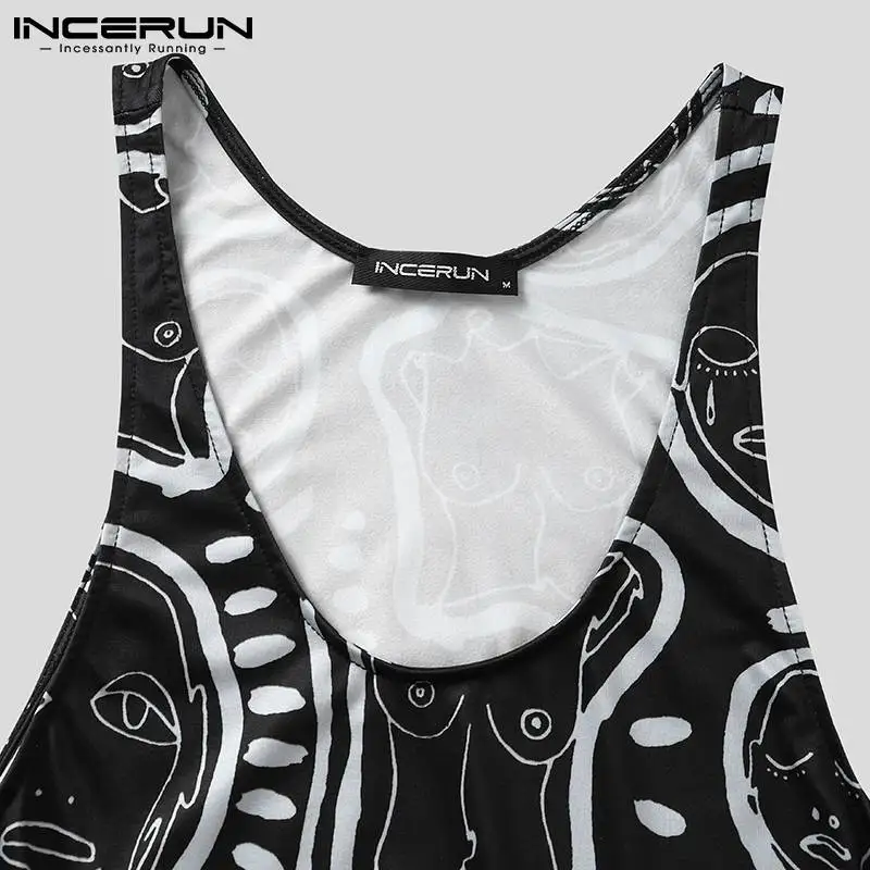 INCERUN New Men's Loungewear Hot Sale Printing Onesies Fashionable All-match Simple Jumpsuit Triangle Sleeveless Bodysuits S-5XL
