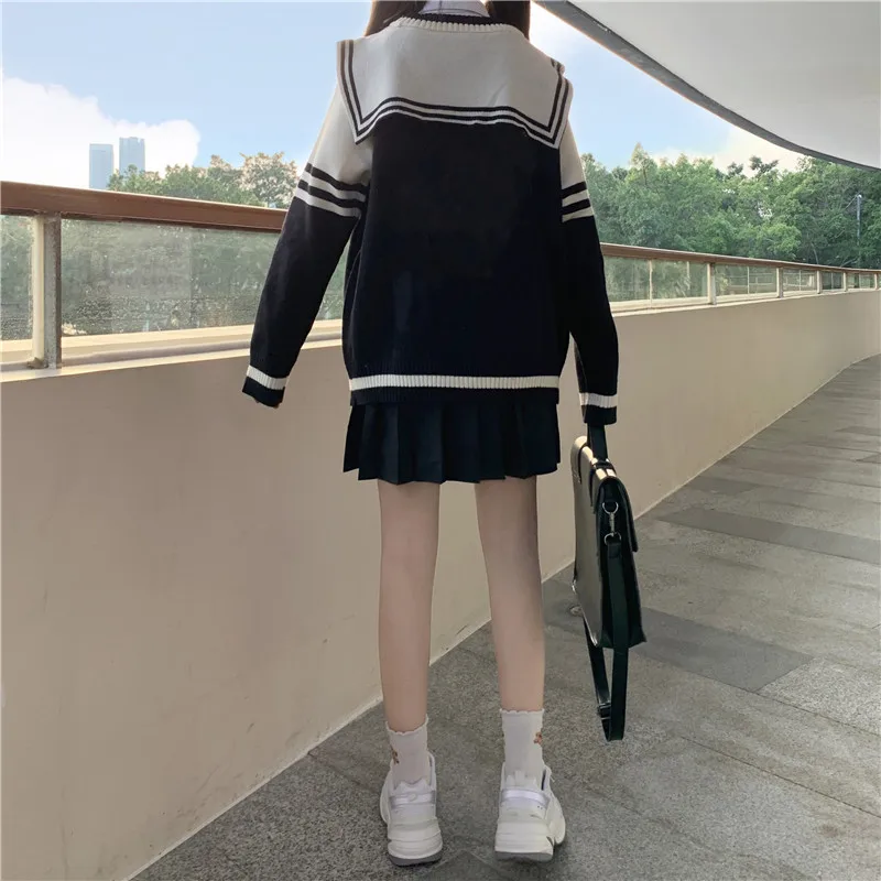 

Japanese Winter Sweet Refresh Preppy Style Sweaters Sailor Collar Keep Warm Knitting Cardigan Contrast Loose Student Sweater