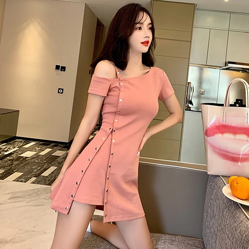 

Suspender Women's Dress Buttons Short Sleeve Dresses Women Mini Dress Female Sexy Off Shoulder Asymmetric Party Dress
