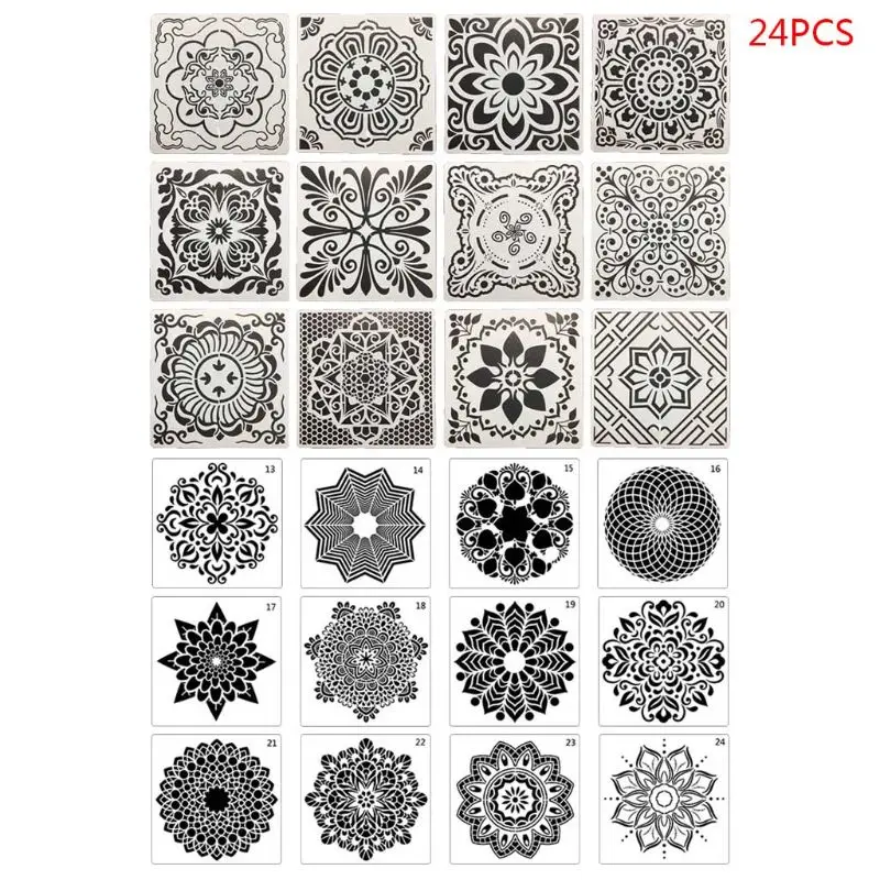 

12/24pcs Mandala Stencils DIY Drawing Template Wall Painting for Tile Rock Decor X3UE