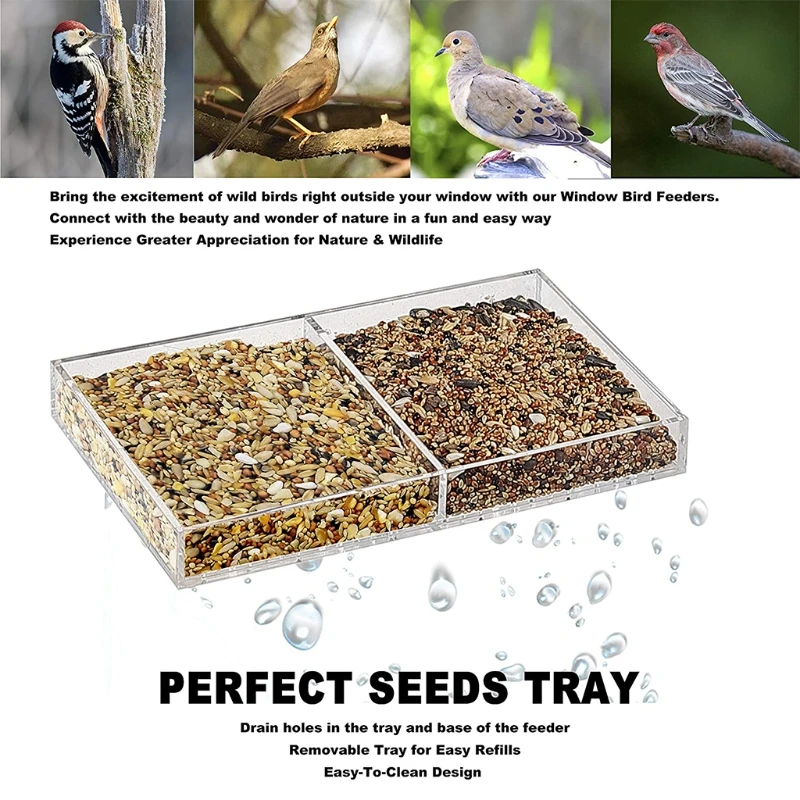 

Acrylic Window Bird Feeder with Suction Cup Detachable Seed Tray Drainage Holes Bird Home Design Bird Watching Gift
