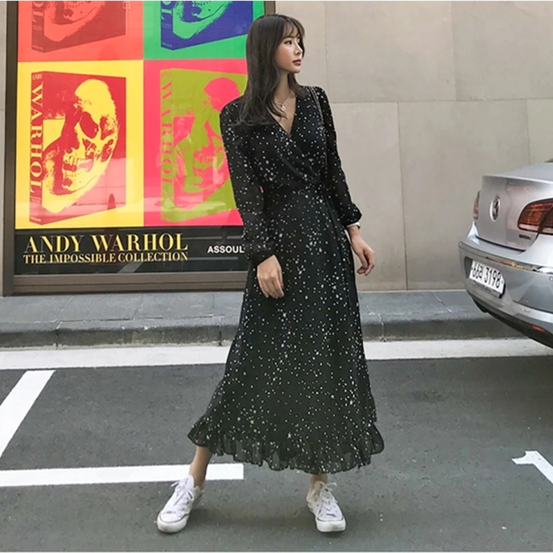 Элегантное шифоновое женское длинное платье с оборками и принтом звезд Осеннее