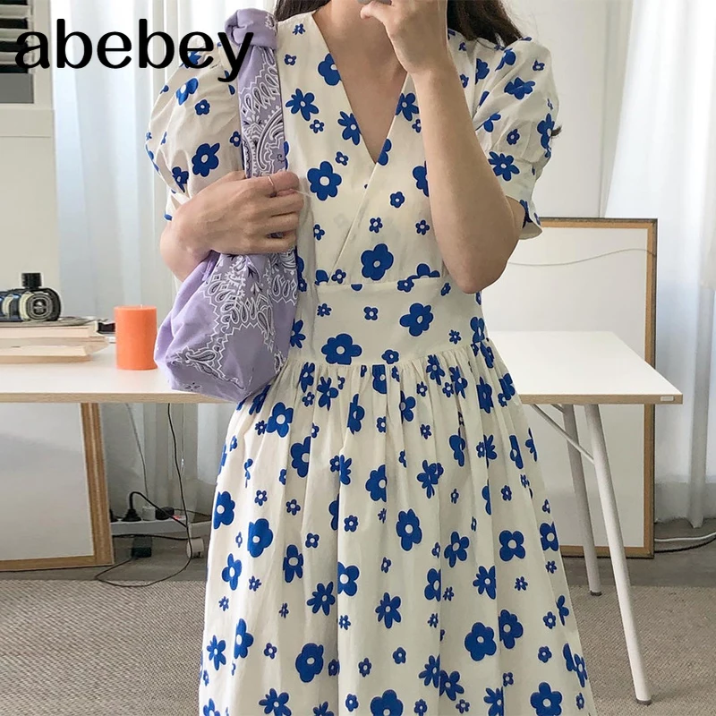 

New Summer Women Temperament All-match V-neck puff sleeve floral Dress ruched lace up waist Dress 2021