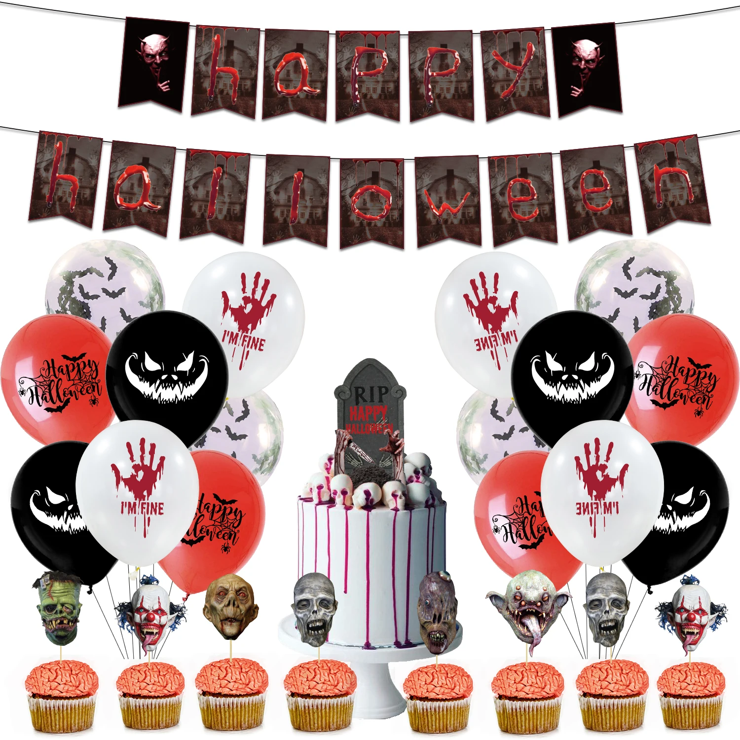 

Halloween Theme Party Decoration Sets Bloody Handprint Grimace Print Latex Balloons Horror Cake Toppers Happy Birthday Banner