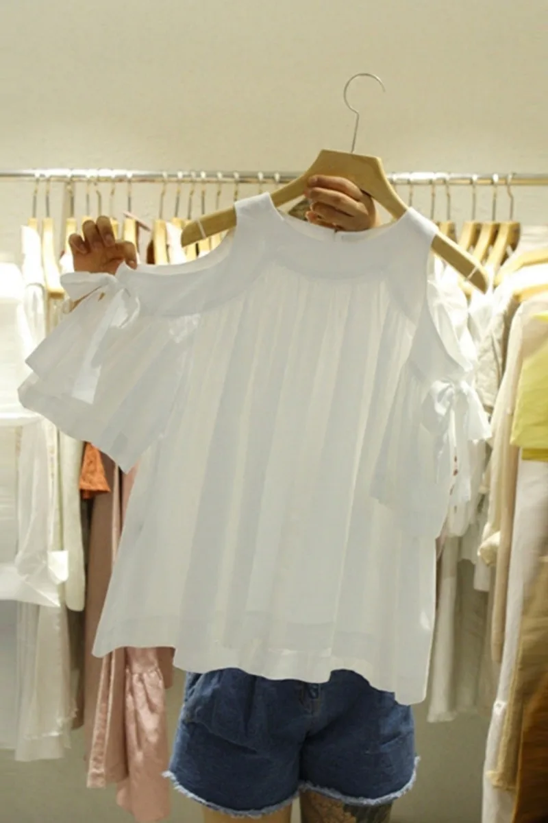 

2021 Summer New Strapless Bow Short-sleeved O Neck T-shirt Loose Tops Blouse Women