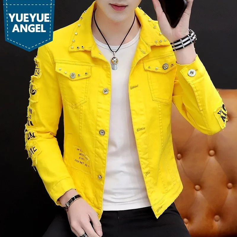 Куртка мужская джинсовая с длинным рукавом рваная однобортная модная одежда