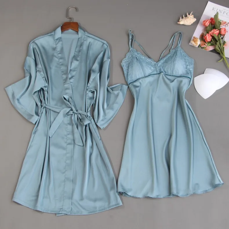 

Women Robe Gown Sets Ladies Sexy Lace Lounge Sets Pijama Long Sleeve Silk Nightwear Bathrobe Nightdress Two-Pieces Sleepwear