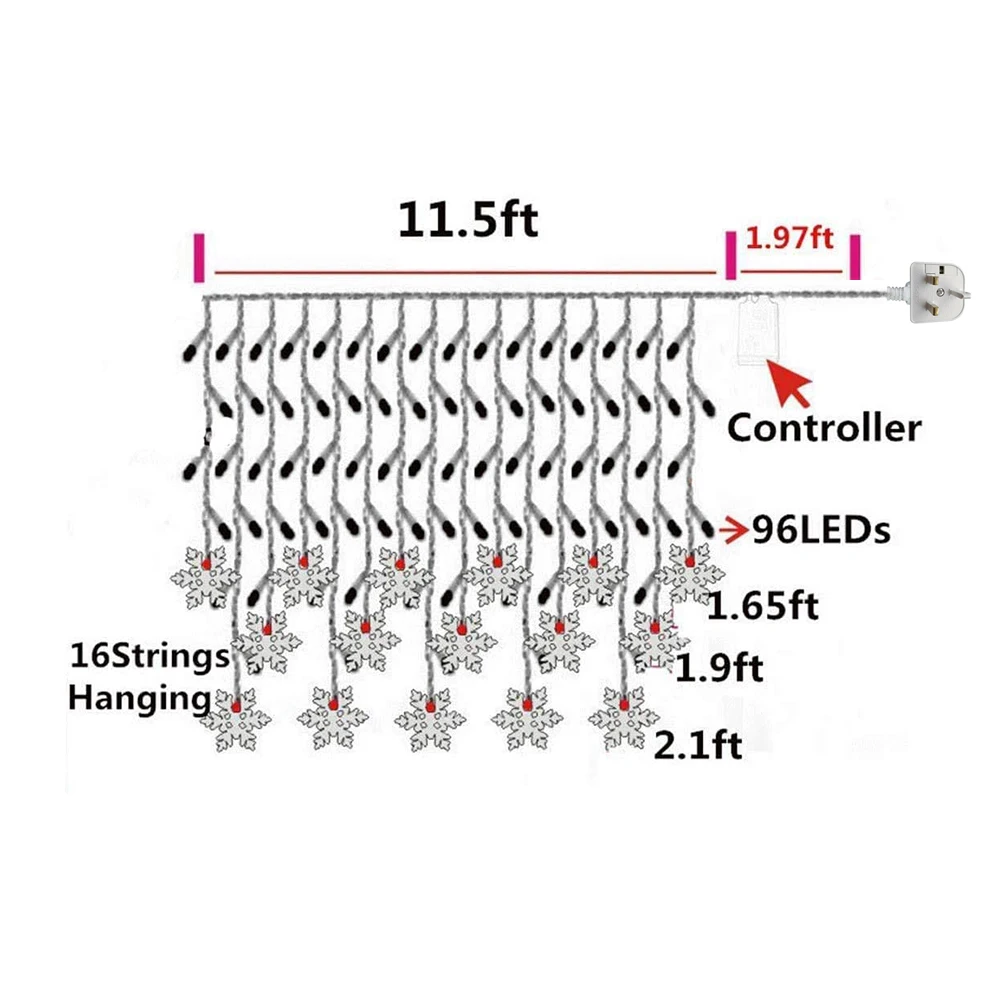 

3.5m 96 LED Fairy Lamp Waterproof Garland Snowflake Curtain String Lights for Home Bedroom Party New Year Christmas Decorations