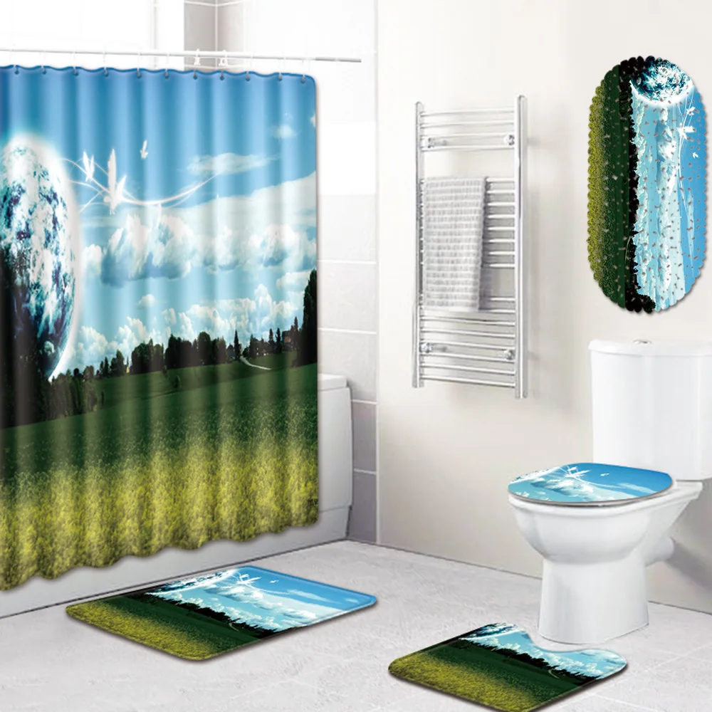 

Scenery Bathroom Shower Curtain Mat Toilet Cover Mat Bathtub Mat Five-Piece Carpet bathroom mats and rugs bathroom rugs set