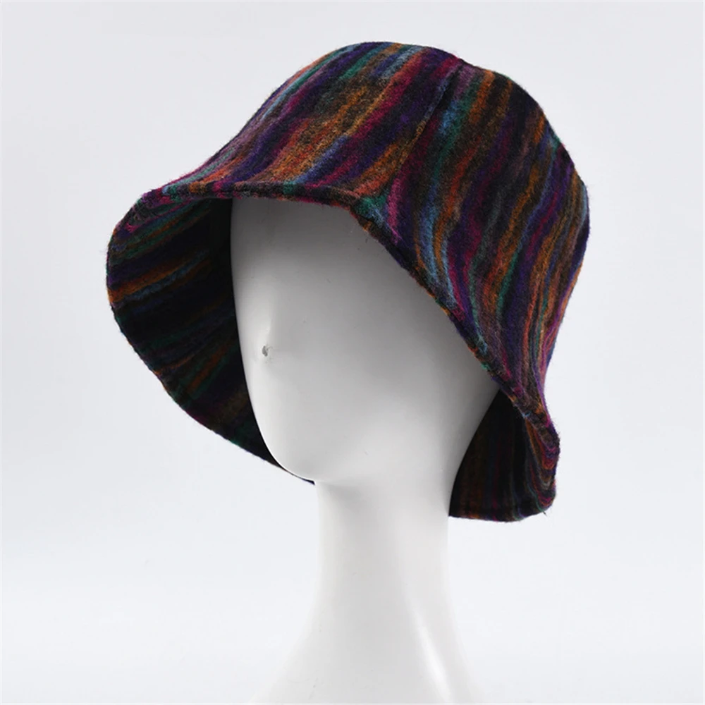 BUTTERMERE Woolen Bucket Hat Women Vintage Autumn Winter Hats for Women Striped Fishing Hats