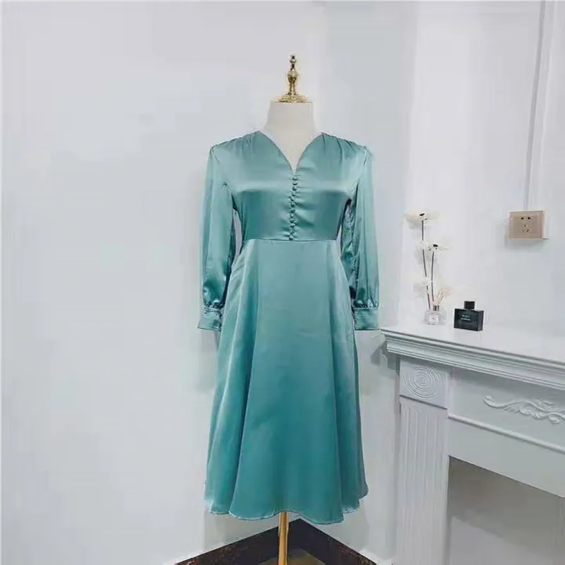 2020 new dress Elegant Lady Deep V-neck Silk Satin Slim Long-sleeved Party Dress Green Long Dresses Sexy Clubwear | Женская одежда