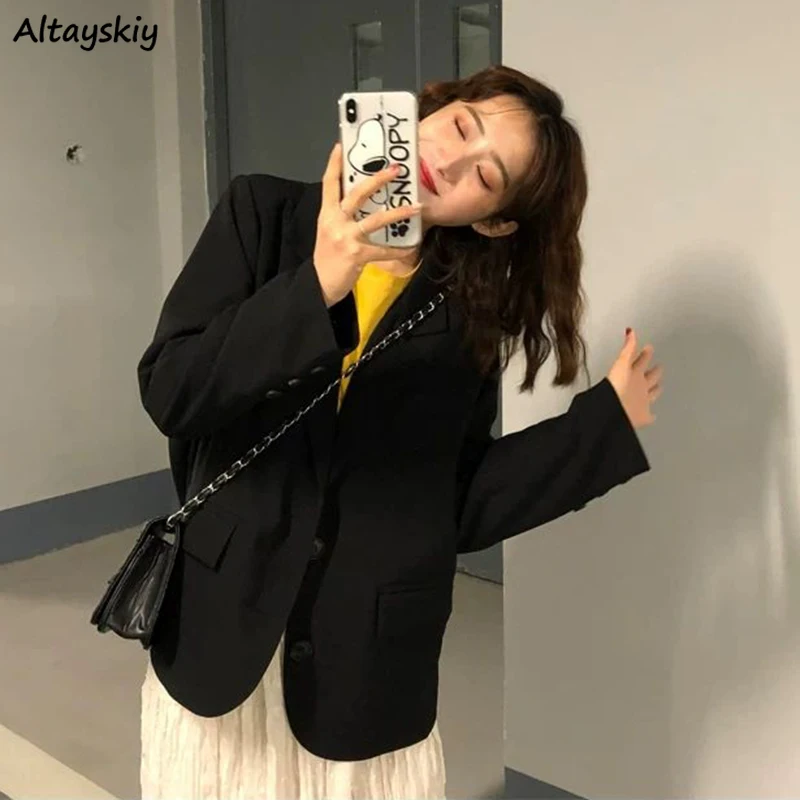 

Fashion Blazers Women Spring Korean Loose Retro Solid Black Elegant Suit Tops Preppy Style Chic Simple Basic Daily Outerwear OL
