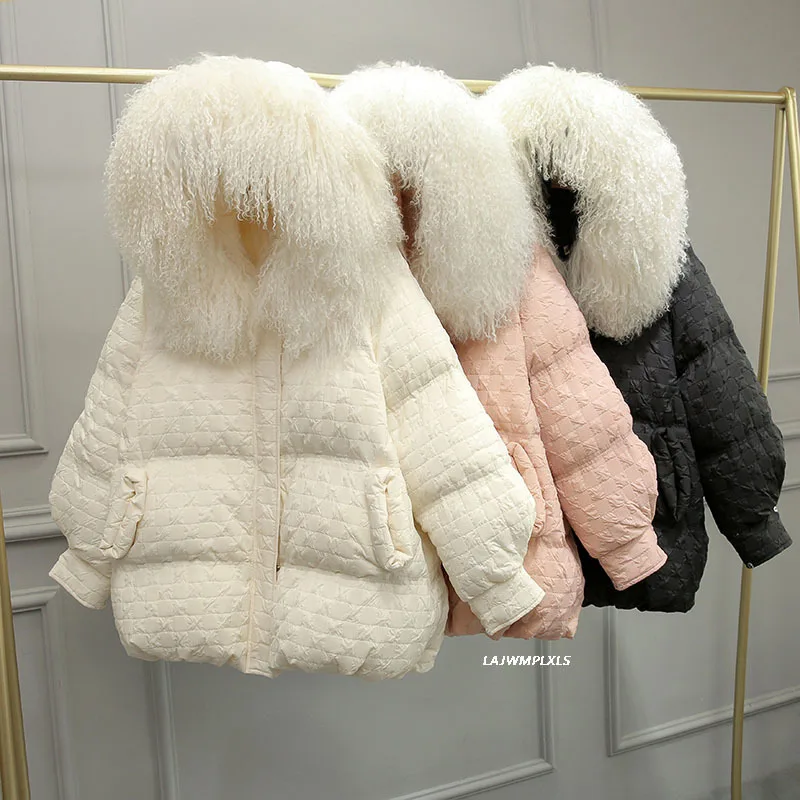 

2022 Fashion Winter Real Lamb Fur Collar 90% Down Jacket Women's Warm Down Coat Korean Loose Thickening Warm Overcoats