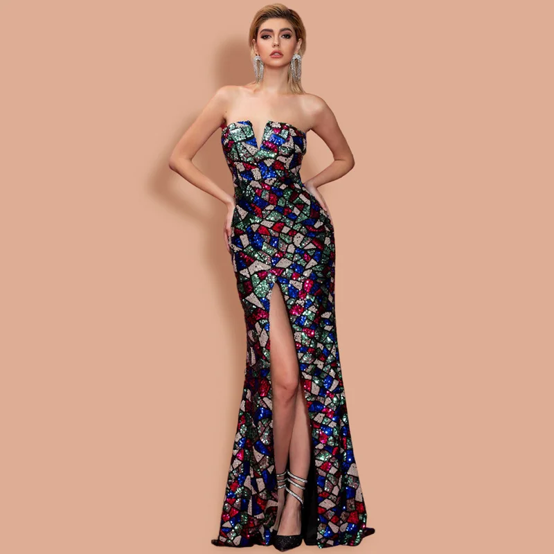 

New Arrival Sequin Long Maxi Dress 2020 Sexy Summer Strapless Evening Celebrity Runway Party Vestido High Split Multicolor Dress
