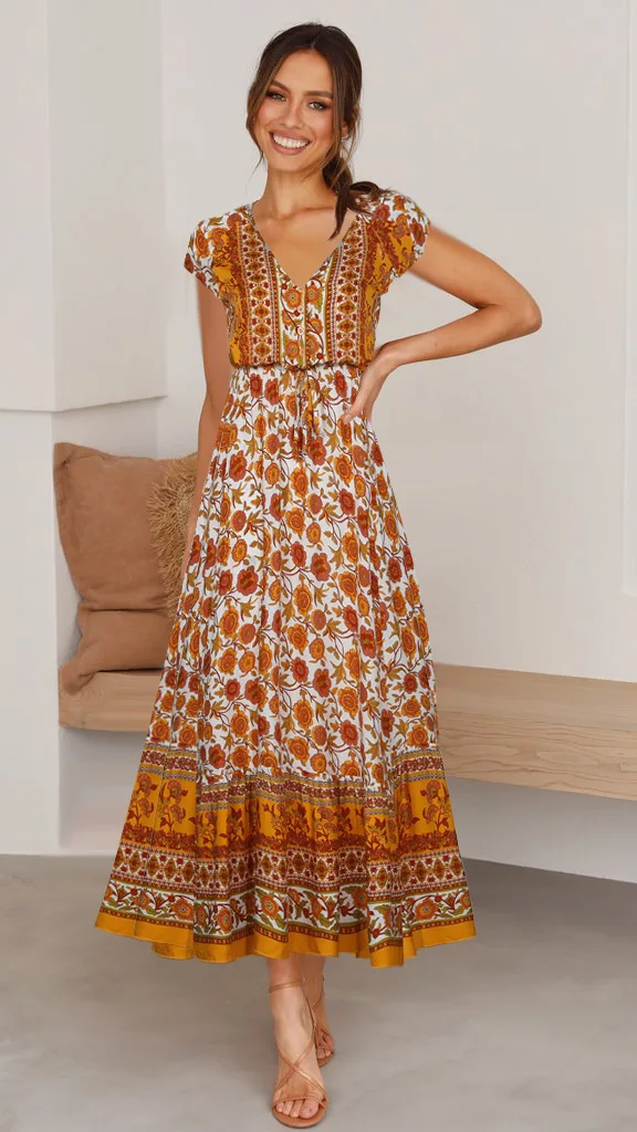 

Summer Women Clothes Dress Casual Short Sleeve Boho Print Beach Dress High Waist Streetwear Vintage Ladies Long Dress Vestidos
