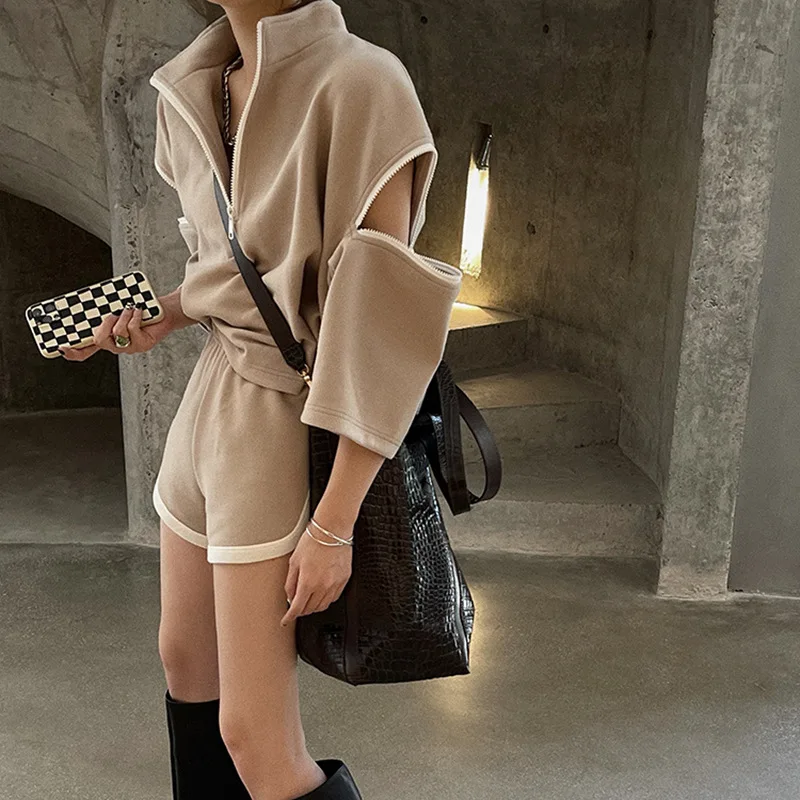 

Casual Solid Two Piece Set For Women Stand Collar Three Quarter Sleeve Top High Waist Shorts Sporty Sets Female New