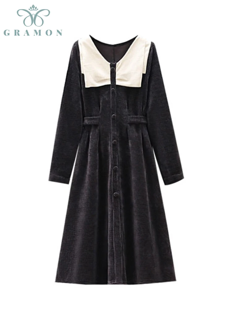 

Dress Woman French Chic Vintage Corduroy Autumn Winter O-neck Pullover Long Sleeve Solid Color Plus Size A-line Lady Vestidos