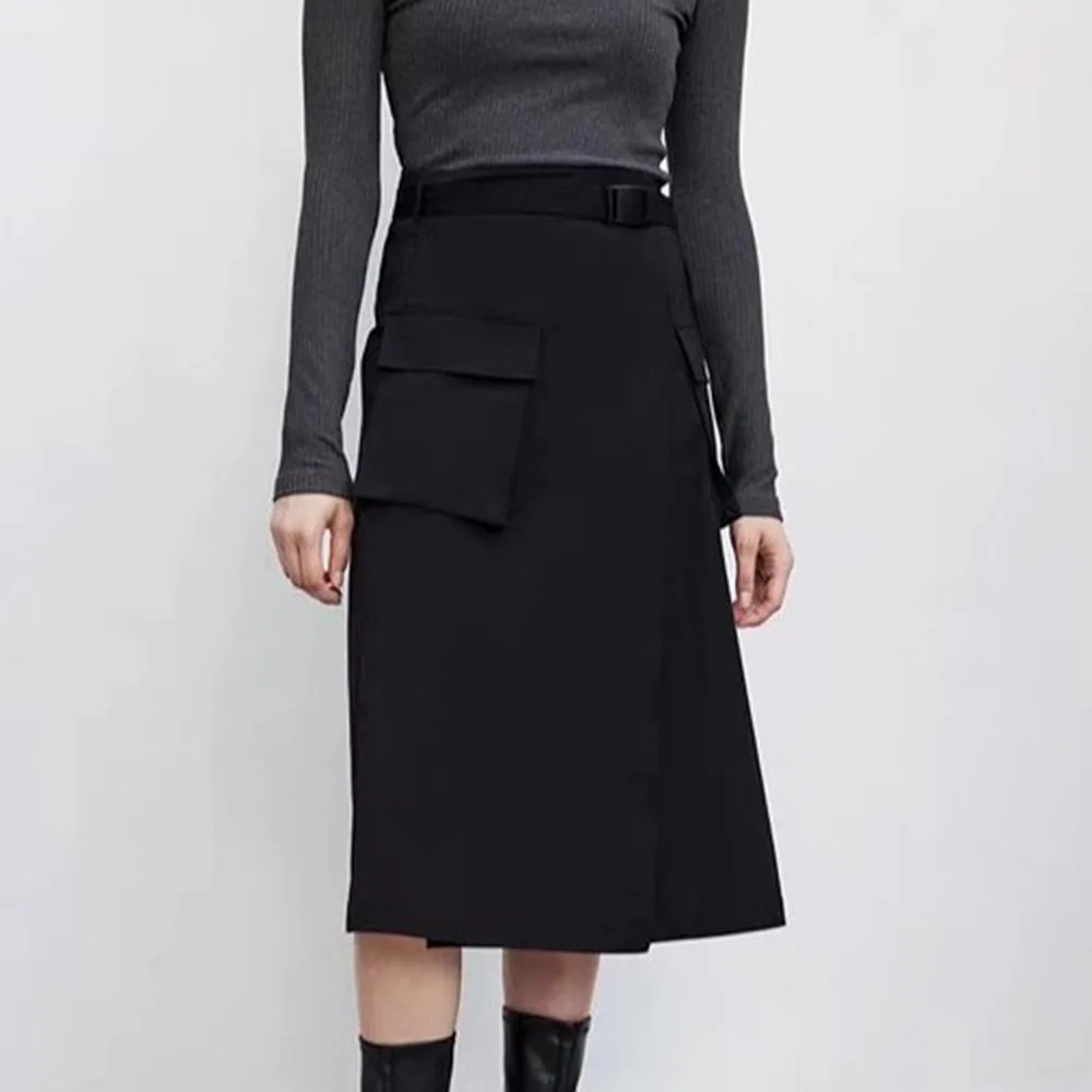 

Женская длинная юбка с карманами ZA, однотонная тонкая юбка средней длины с поясом, одежда для работы, весна-осень