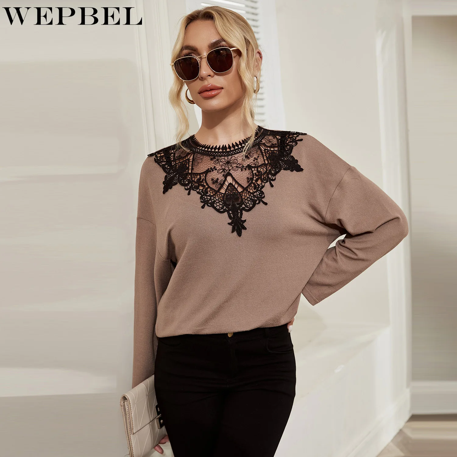 

WEPBEL Long Sleeve T-shirt Autumn Lace Hollow Out Stitching T-shirt Women's Sexy Solid Color Loose See-through O-Neck T-shirt