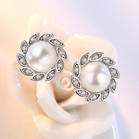 new fashion swirling leaves minimalist small stud earrings shiny crystal imitation pearl tiny piercing earring jewelry for women