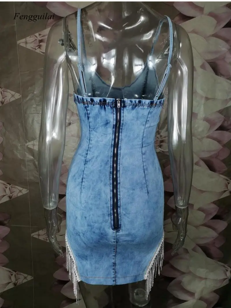 

2021 Summer Autumn New Nightclub Sexy Suspender Denim Dress Fashion Tassel Hip Skirt