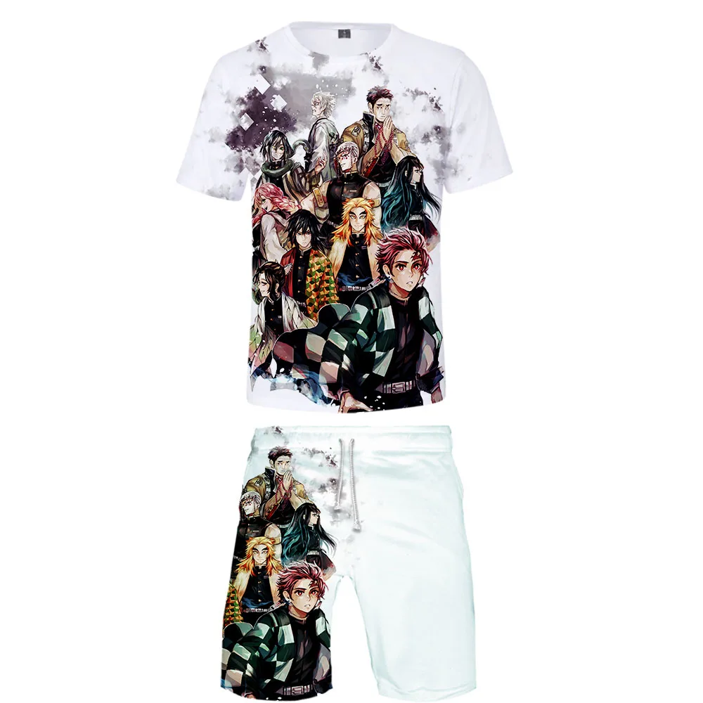 

Demon Slayer Kimetsu no Yaiba Cool 3D Harajuku New Summer Style Streetwear two piece set O-neck tshirt+shorts Men's Harajuku Set