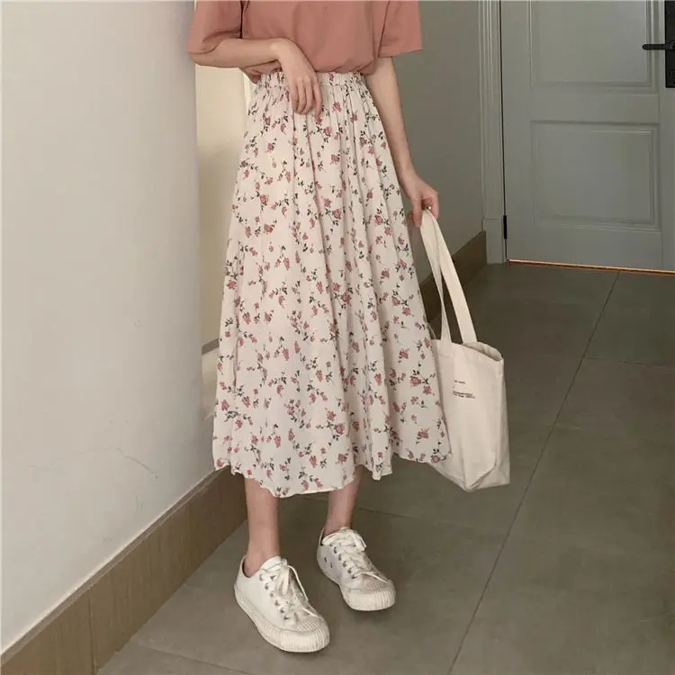 

Vintage Floral Print A-line Pleated Long Skirts Summer Women Korean Skirt Streetwear Drawstring Elastic Waist Midi Skirt 2021
