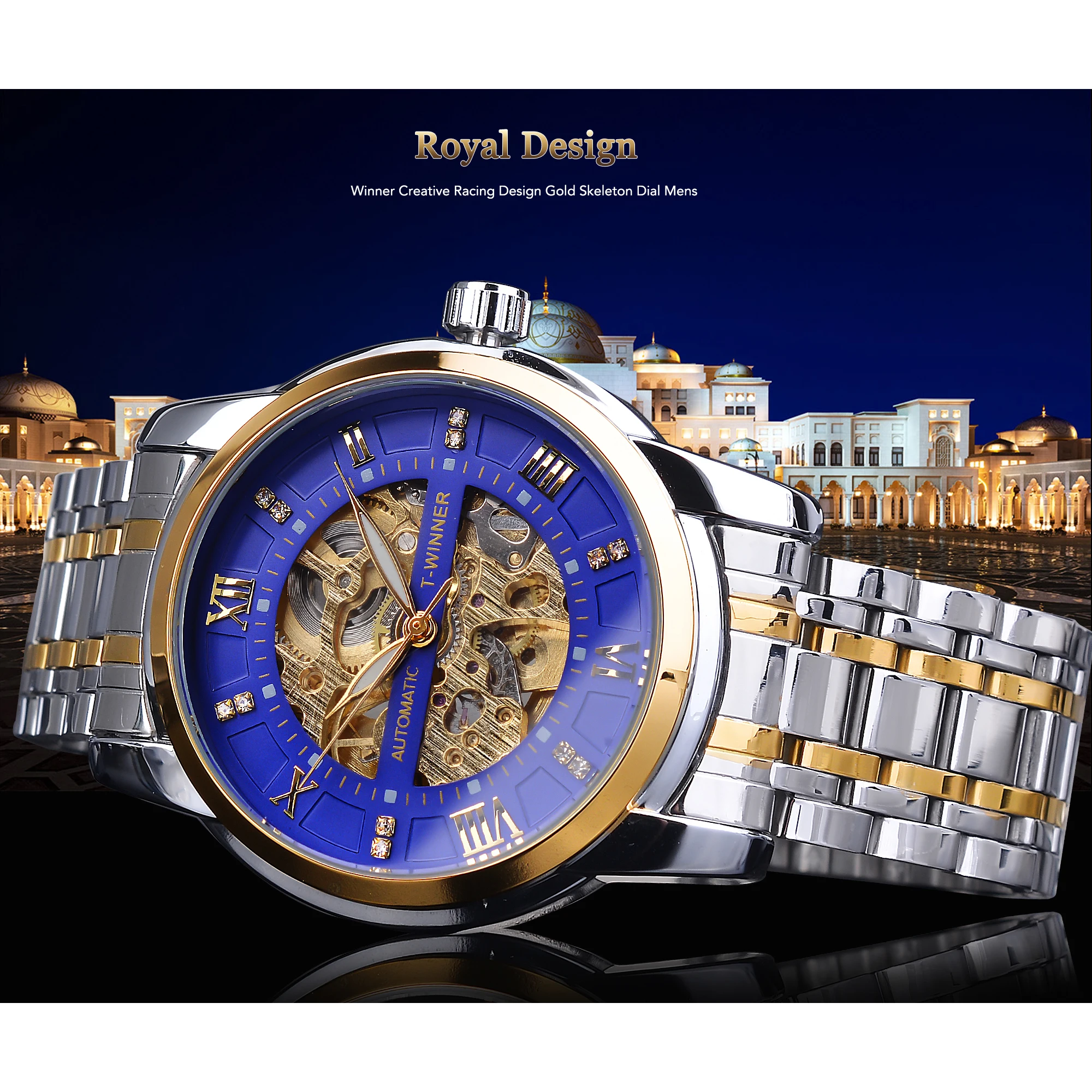 Winner Blue Golden Skeleton Diamond Мужские механические часы серебристые из нержавеющей стали
