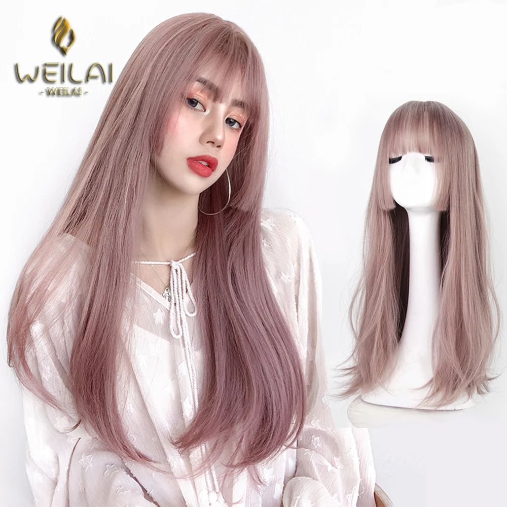 Long Straight Purple Pink Wig With Bangs Synthetic Hair Lolita Wigs For Women Cosplay Party Christmas Wigs Heat Resistant Wigs