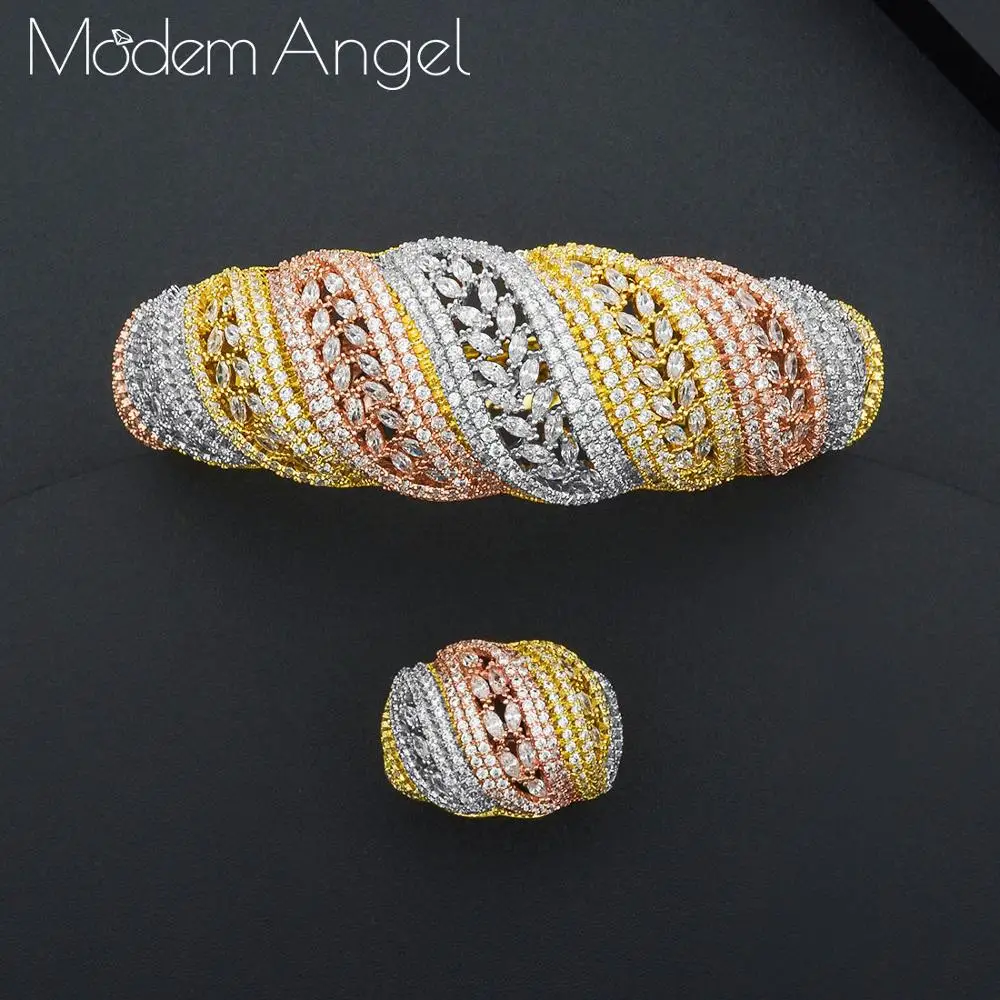 

ModemAngel Luxury Square 2pcs Bangle Ring Set For Women Full Micro Cubic Zircon Pave Party Wedding Saudi Arabic Dubai Jewelry