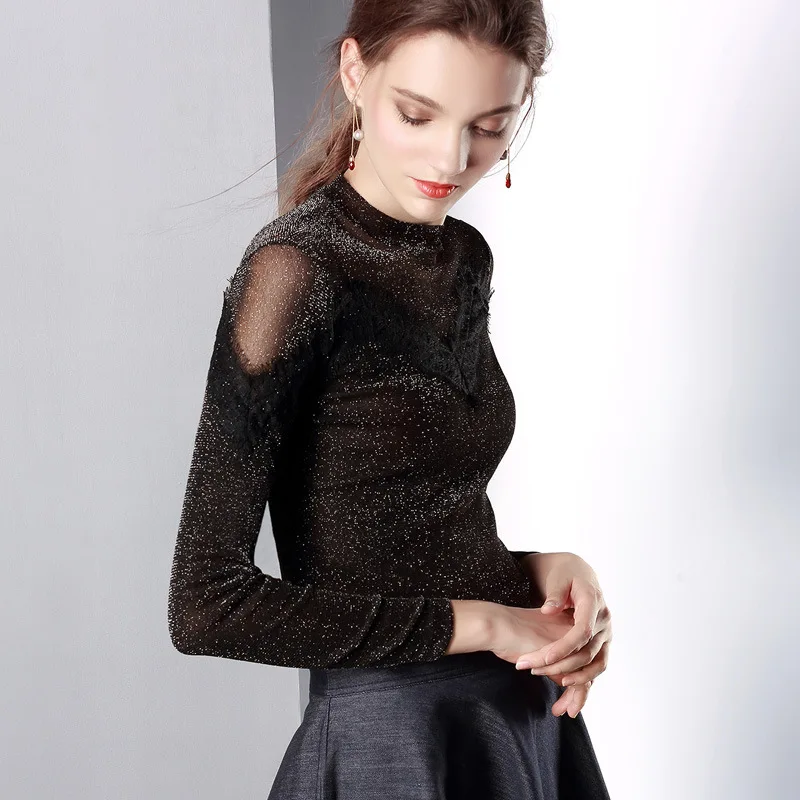 

Mesh base shirt splicing long sleeve small shirt spring and Autumn New Lace Top Large autumn clothes