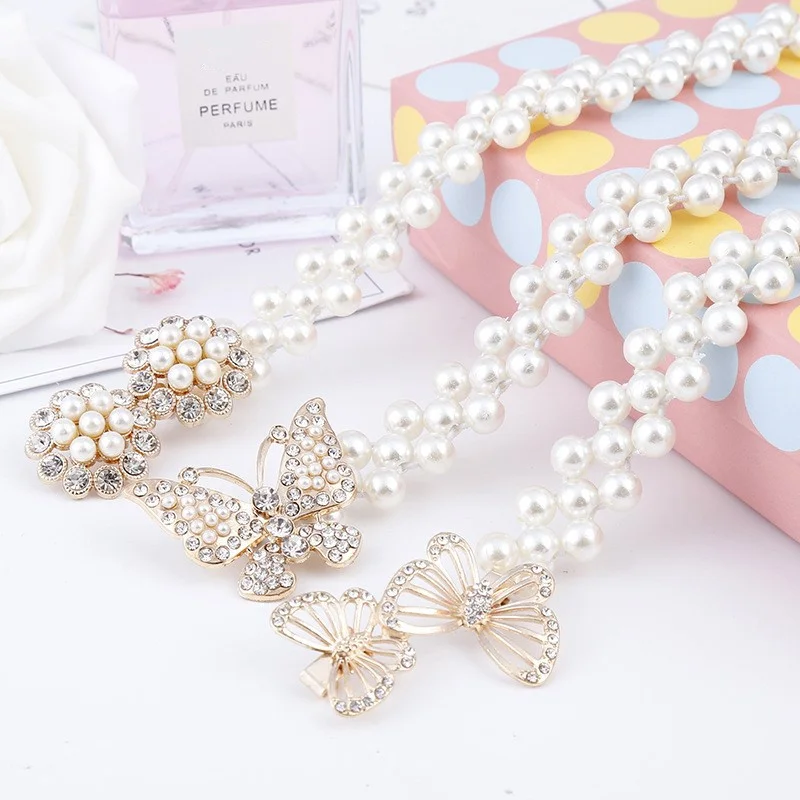 

Elegant Luxury Women Full Beaded Imitation Pearl Waistband Dress Elastic Belt Female Butterfly Bow Star Round Buckle Chain Belts