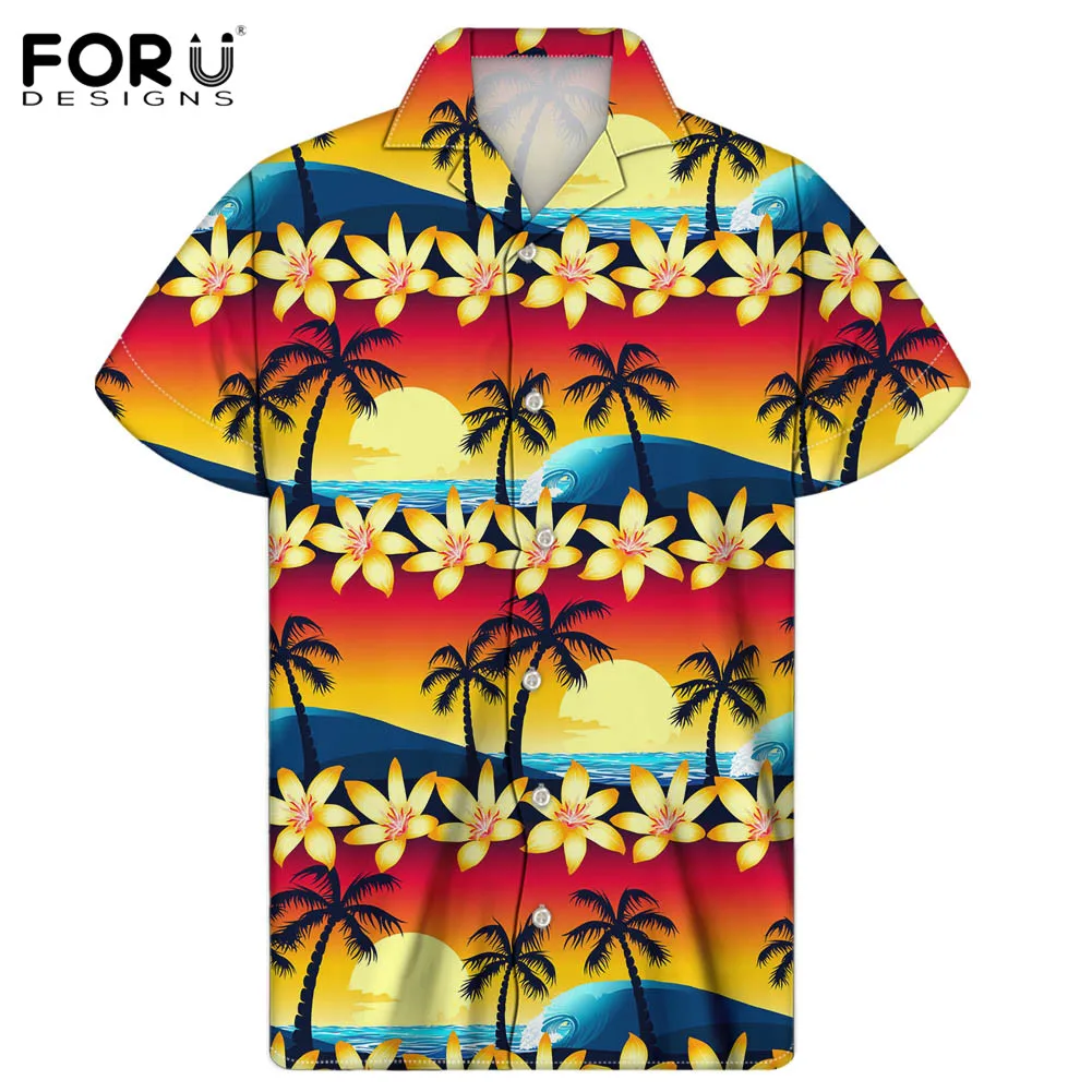 

FORUDESIGNS Male Fashion Loose Shirts Summer Hawaiian Floral Prints Beach Holiday Male Tun-down Collar Blouse Tops Masculina Tee
