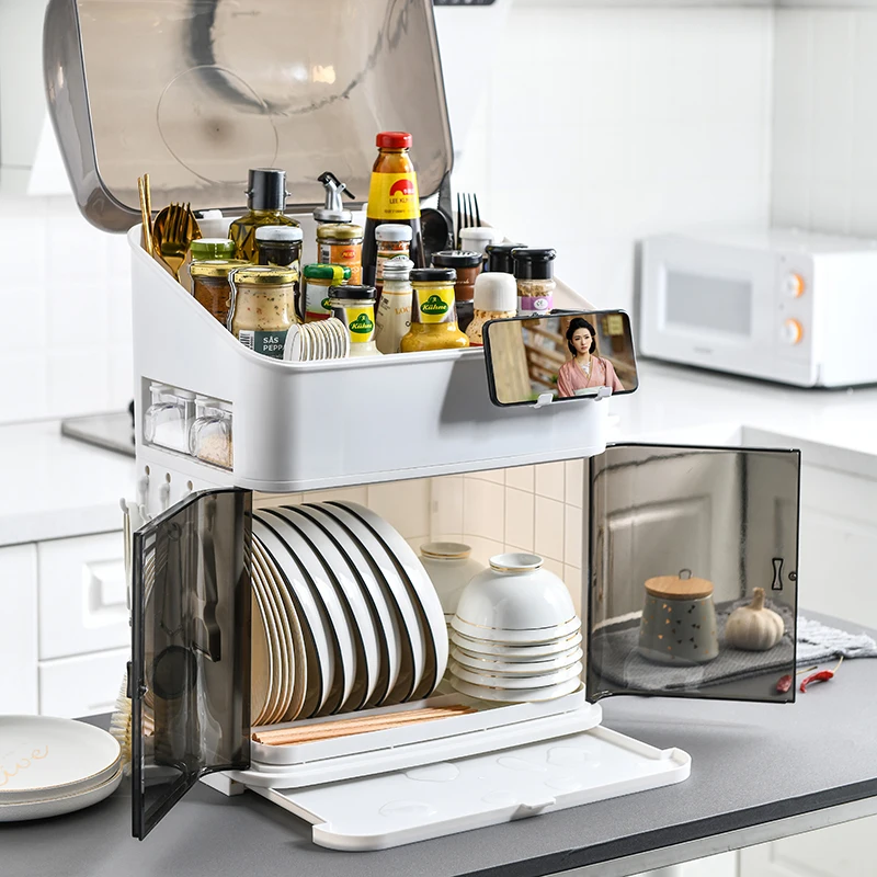 

dish rack with cover two layers kitchen storage box holding kitchen appliance dustproof kitchen rack