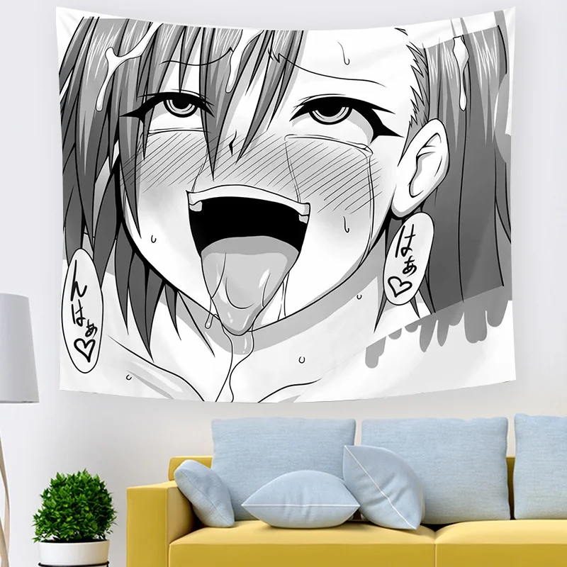 Японский гобелен манга Ahegao с изображением лица черный и белый цвета