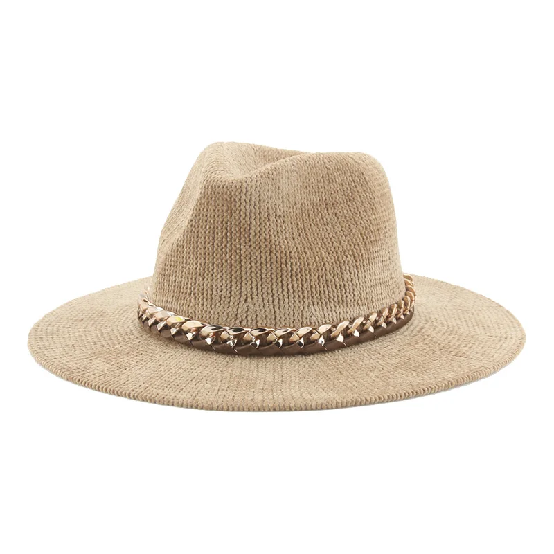 

Fedoras Corduroy Hats for Women Winter Hat Corduroy Men Hat Autumn Gold Chain Luxury Women Hat Chapeau Femme Bonnet Casquette