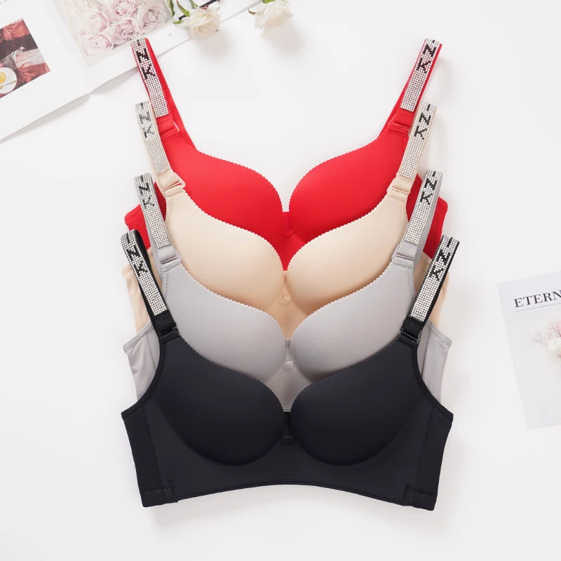 Women Push Up Diamonds Bra Gathered Lnlay Pink Letter Masonry BaldricTop Gather Adjustable 32-44  plus size clothing for women