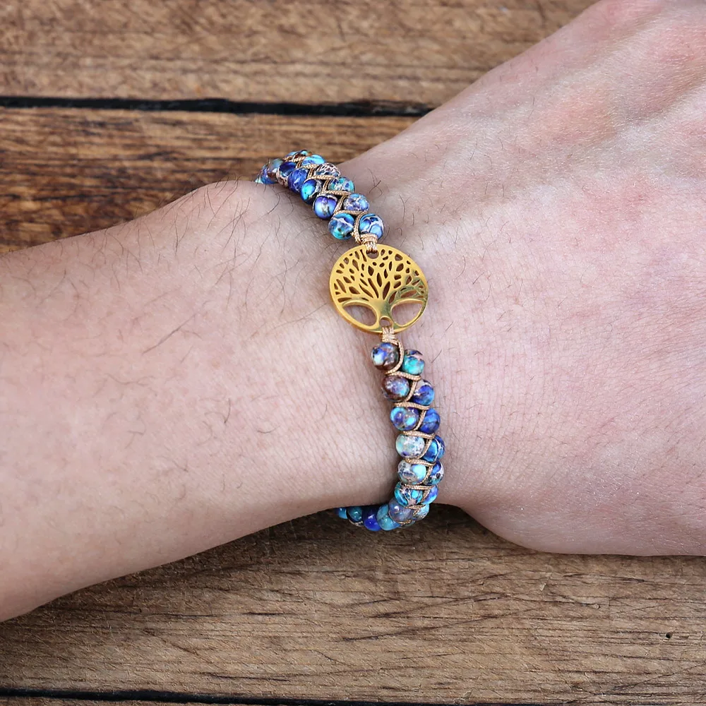 

Imperial Stone String Beads Braided Yoga Bracelet Women Men Handmade Jewelry Stainless Steel Tree of Life Bohemia Charm Bracelet