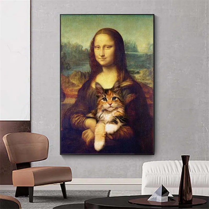 

Mona Lisa Holding the Cat Funny Art Canvas Paintings On the Wall Art Posters And Prints Da Vinci Famous Art Pictures Cuadros